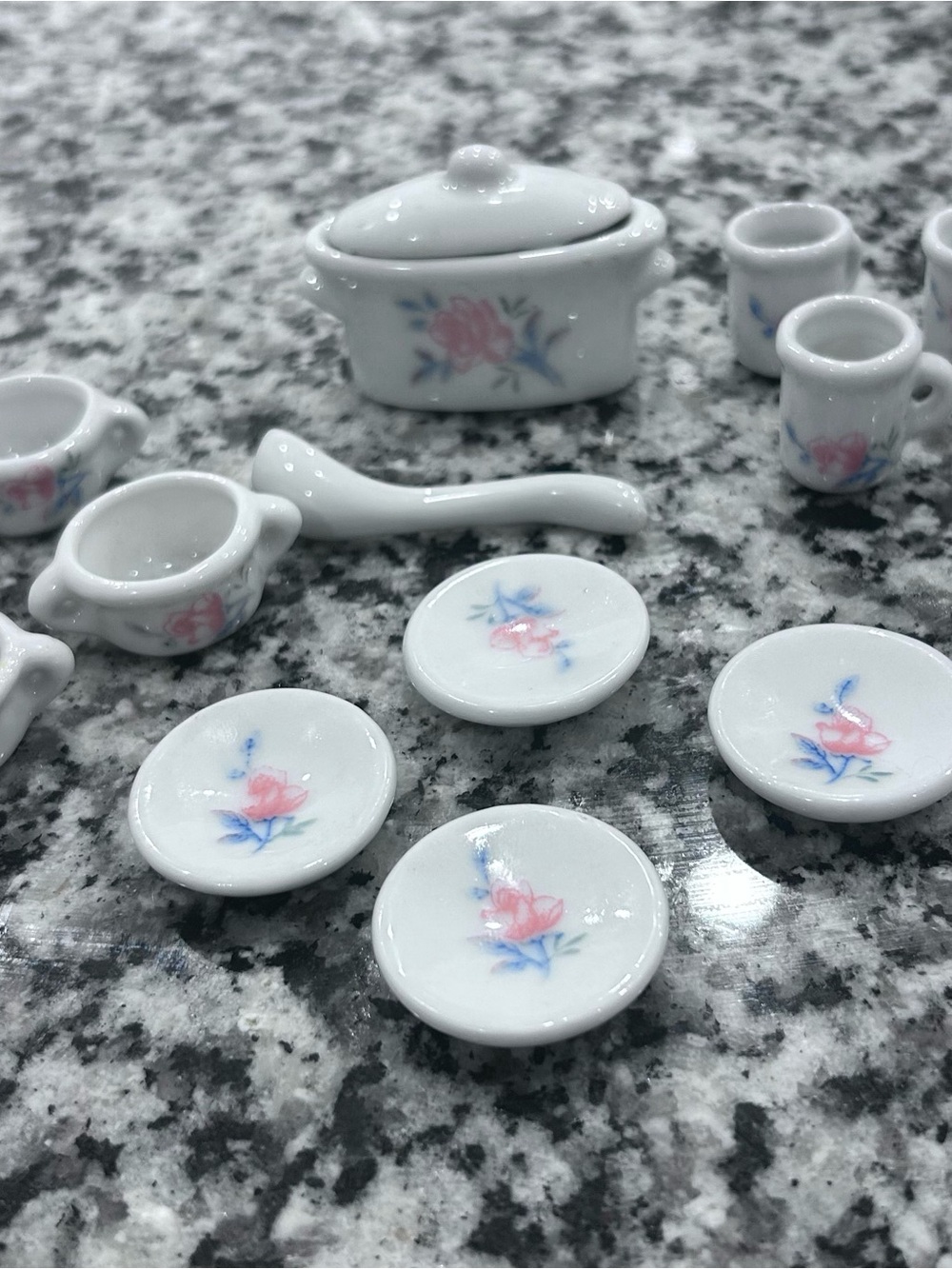 Porcelain Miniature Tea Set with Pink Floral Design